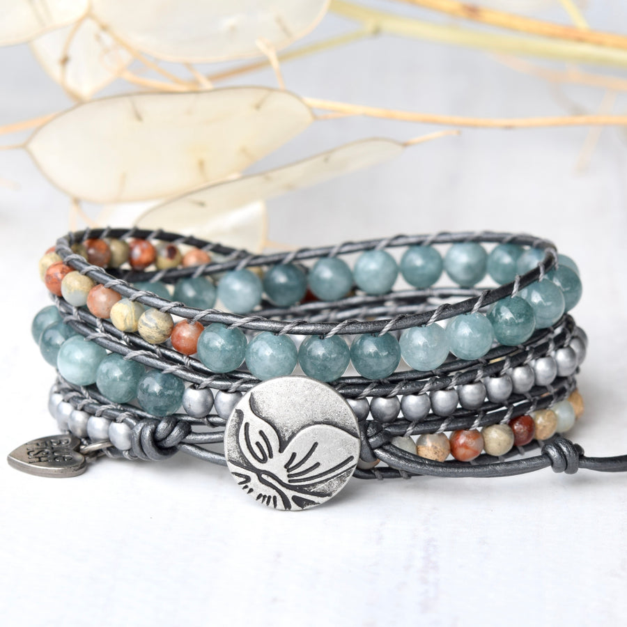 Mixed Blue Jade, Sea Sediment Jasper, & Hematite Wrap Bracelet