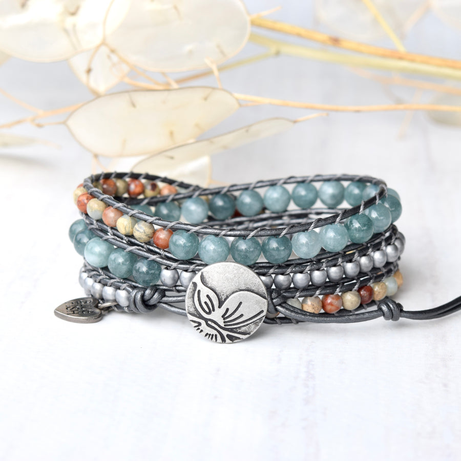 Mixed Blue Jade, Sea Sediment Jasper, & Hematite Wrap Bracelet