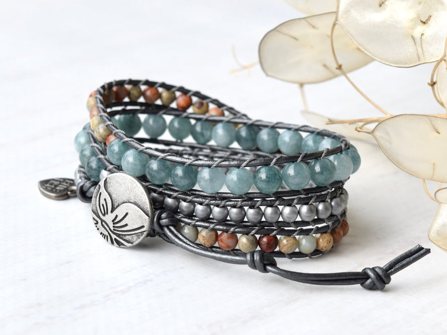 Mixed Blue Jade, Sea Sediment Jasper, & Hematite Wrap Bracelet