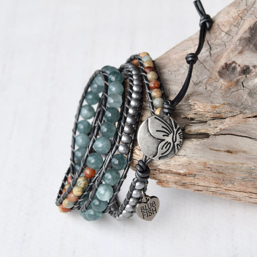 Mixed Blue Jade, Sea Sediment Jasper, & Hematite Wrap Bracelet