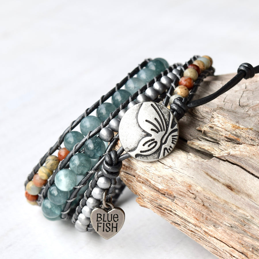 Mixed Blue Jade, Sea Sediment Jasper, & Hematite Wrap Bracelet