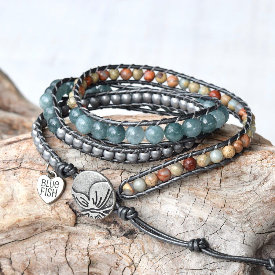 Mixed Blue Jade, Sea Sediment Jasper, & Hematite Wrap Bracelet