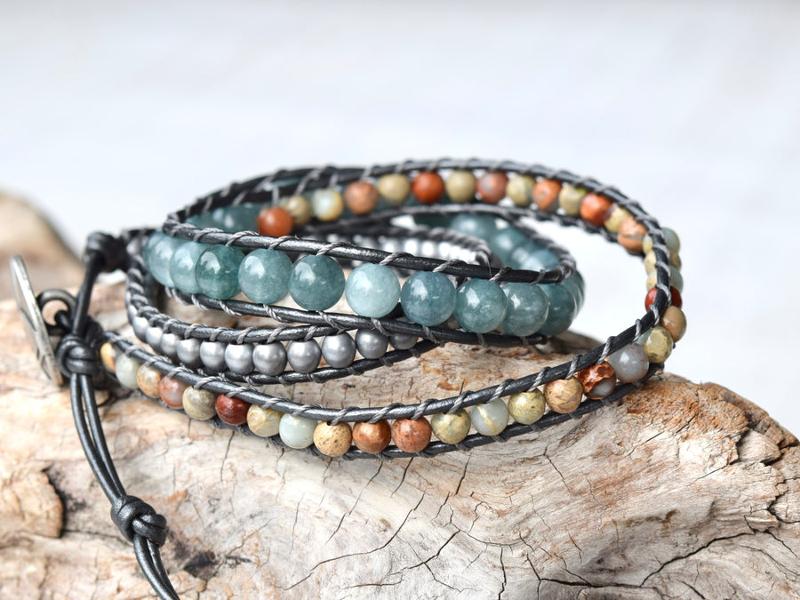 Mixed Blue Jade, Sea Sediment Jasper, & Hematite Wrap Bracelet