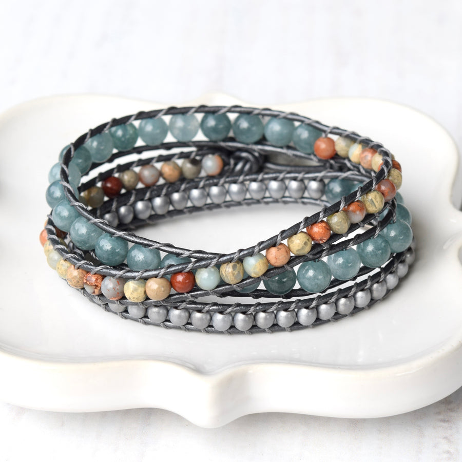 Mixed Blue Jade, Sea Sediment Jasper, & Hematite Wrap Bracelet