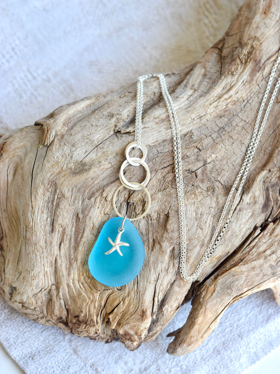 Beach Glass Starfish Necklace ~ Long Sterling Silver Turquoise Sea Glass