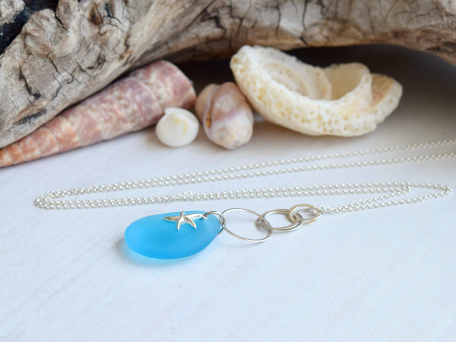 Beach Glass Starfish Necklace ~ Long Sterling Silver Turquoise Sea Glass