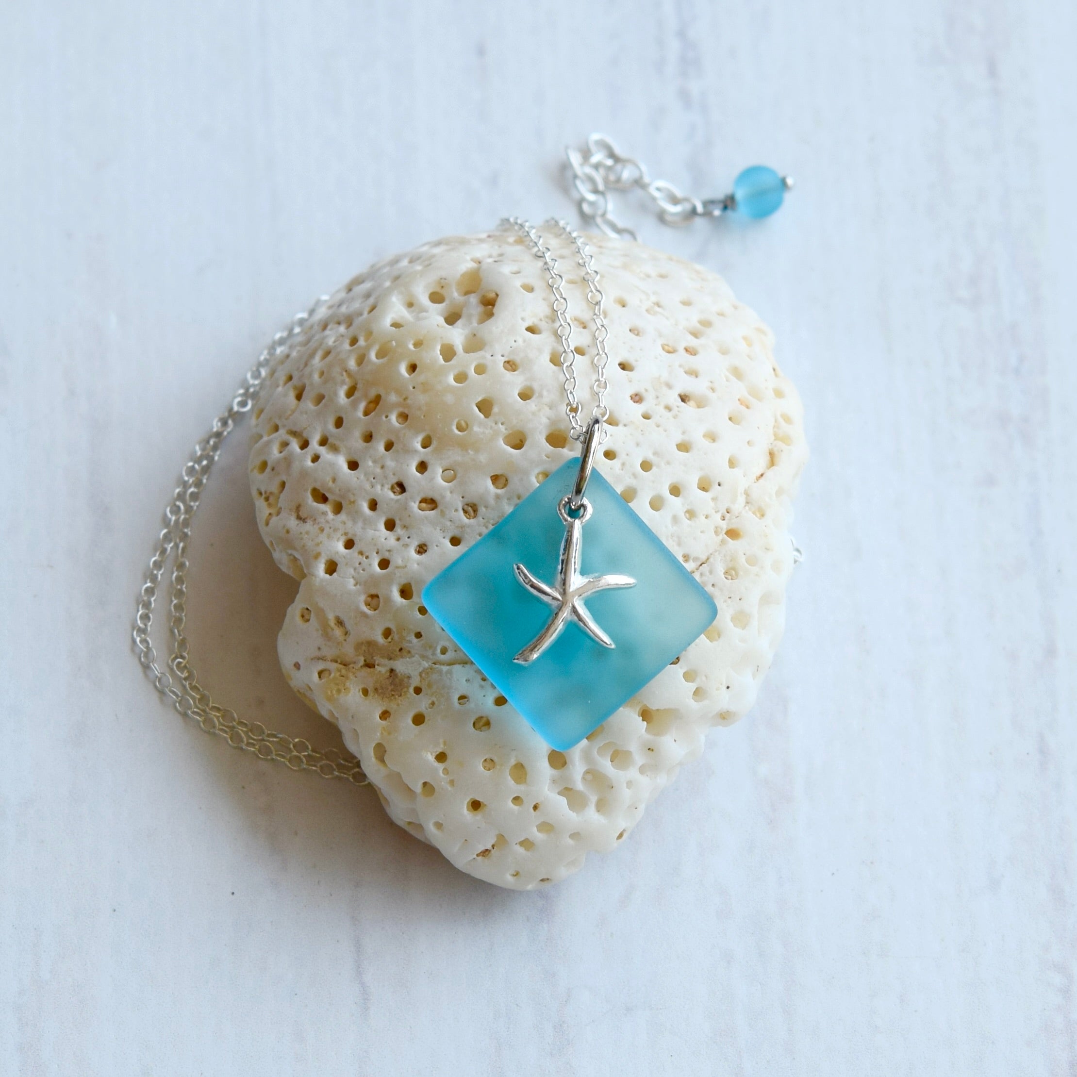 Aqua Sea Glass Sterling Silver Starfish Necklace
