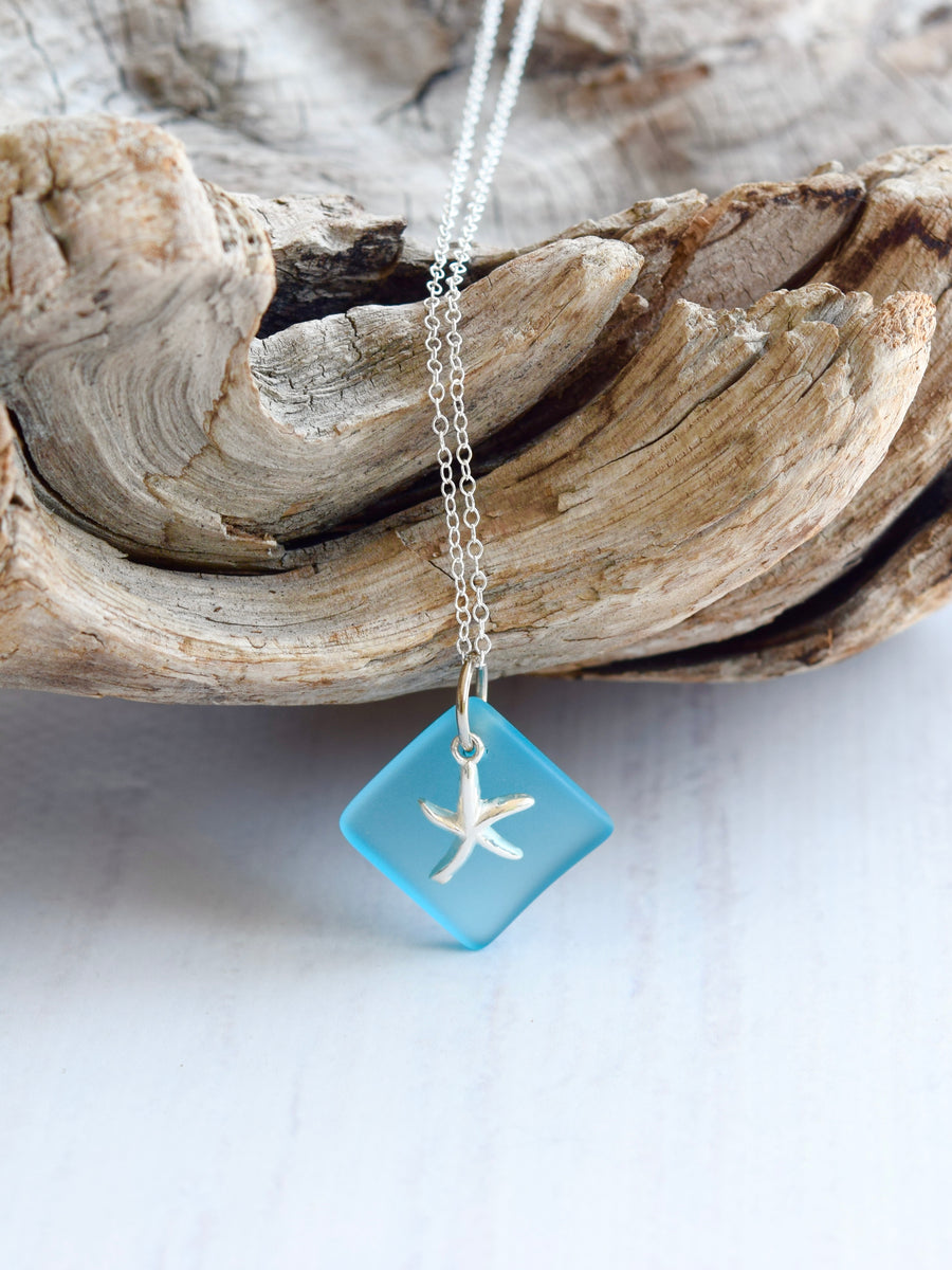 Aqua Sea Glass Sterling Silver Starfish Necklace
