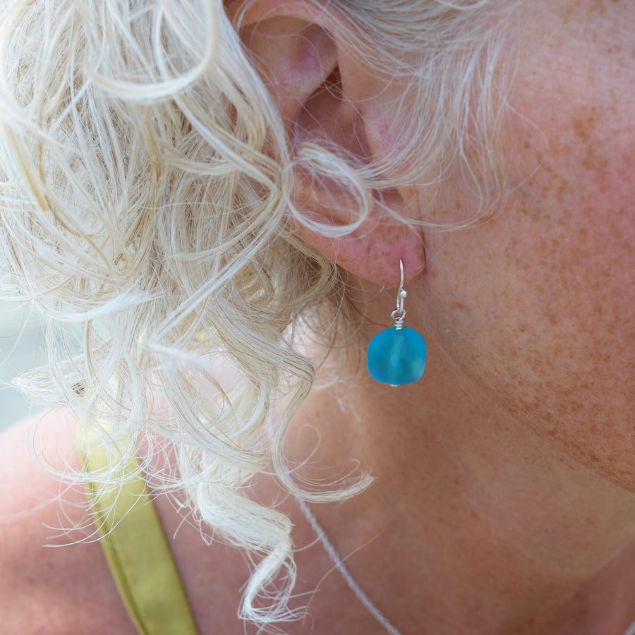 Aqua Sea Glass Earrings ~ Sterling Silver Turquoise Pebbles