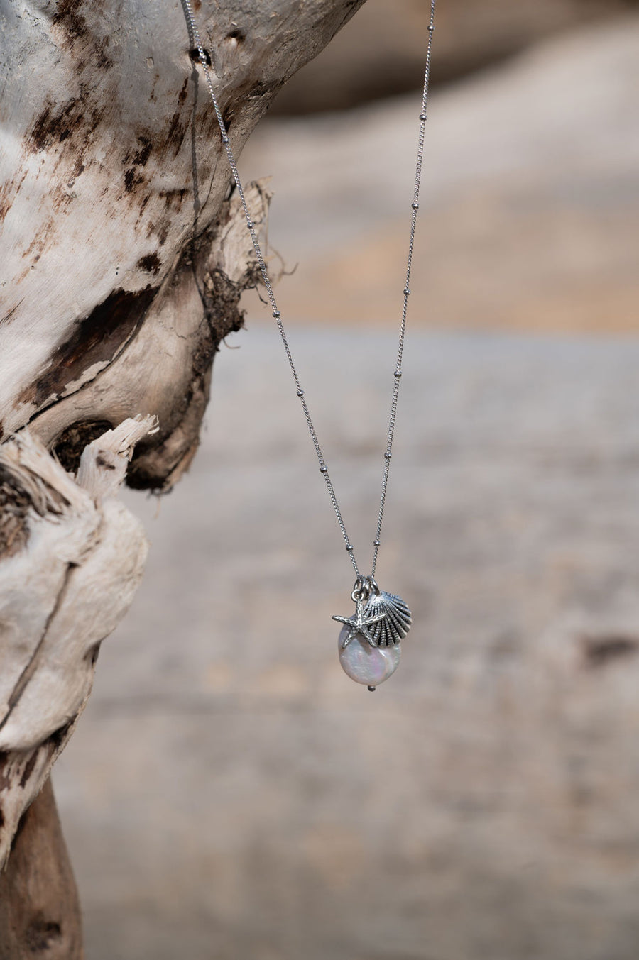 Sterling Silver Beach Charms Necklace ~ Starfish, Seashell, and Pearl