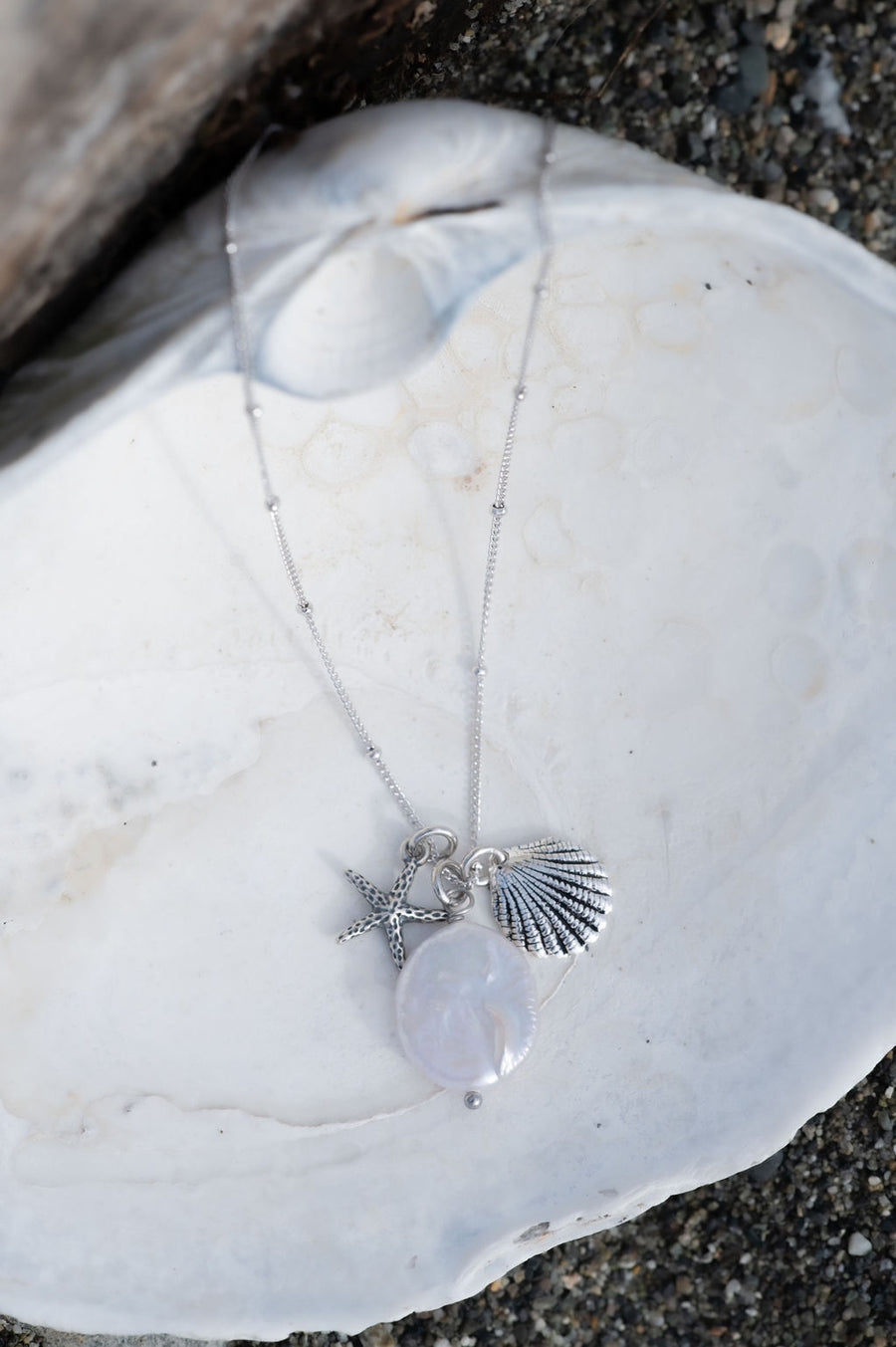 Sterling Silver Beach Charms Necklace ~ Starfish, Seashell, and Pearl