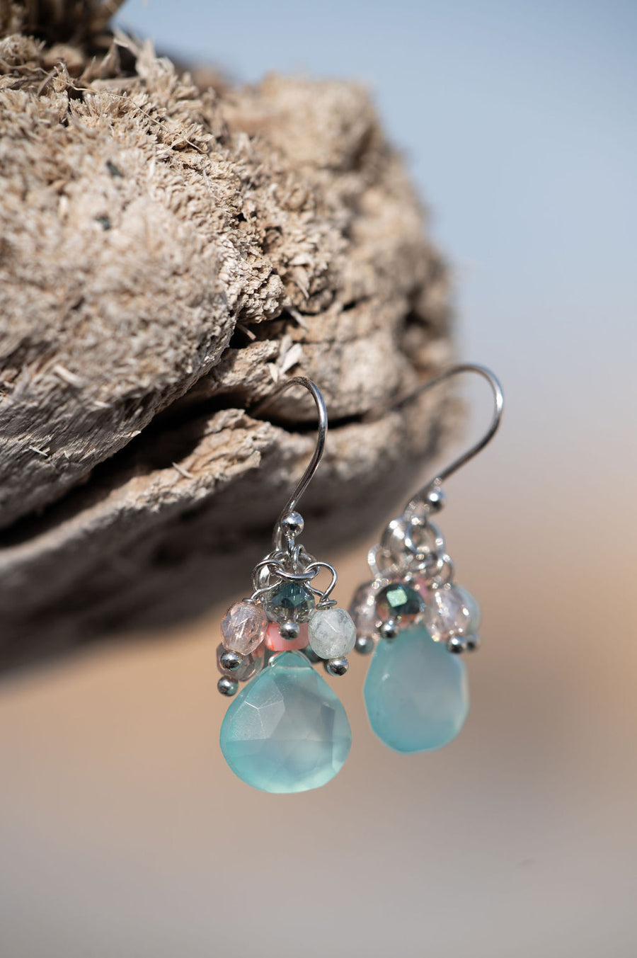 Aqua Chalcedony Gemstone & Crystal Fringe Earrings