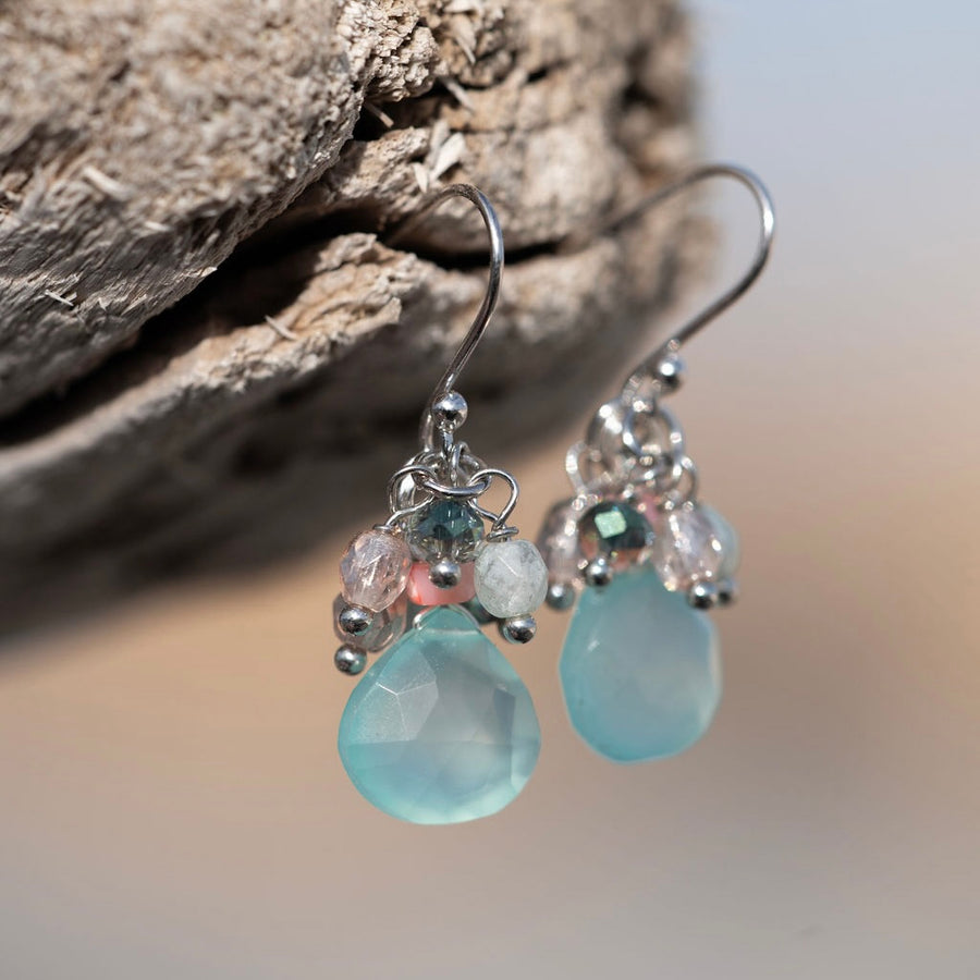 Aqua Chalcedony Gemstone & Crystal Fringe Earrings