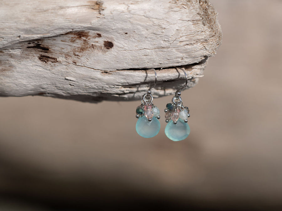 Aqua Chalcedony Gemstone & Crystal Fringe Earrings