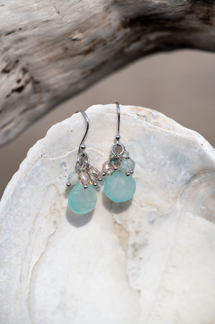 Aqua Chalcedony Gemstone & Crystal Fringe Earrings