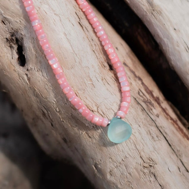 Coral Mother of Pearl Beaded Necklace With Chalcedony Gemstone