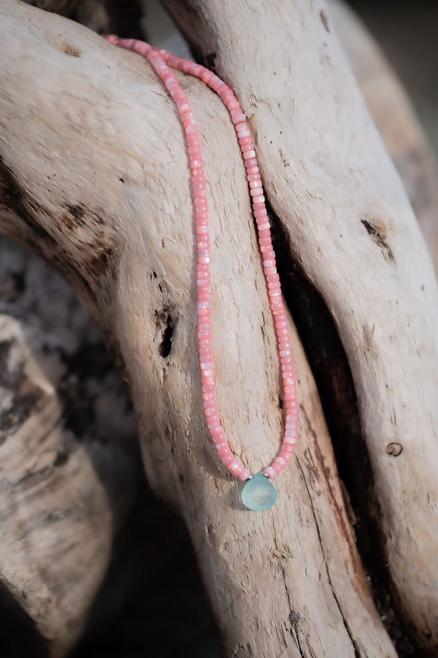 Coral Mother of Pearl Beaded Necklace With Chalcedony Gemstone