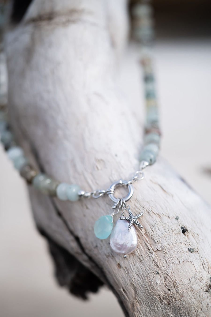 Natural Jade Beaded Statement Necklace, Aqua Chalcedony, Pearl, & Sterling Starfish Charms