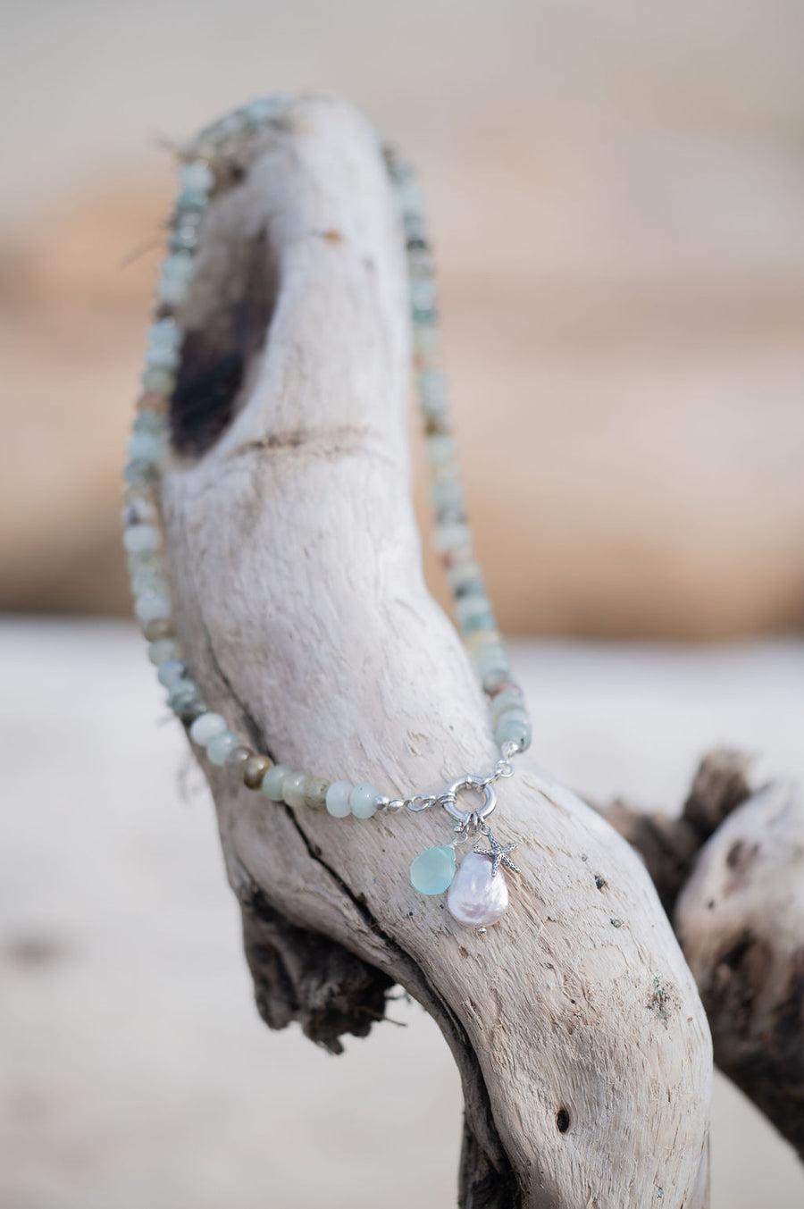 Natural Jade Beaded Statement Necklace, Aqua Chalcedony, Pearl, & Sterling Starfish Charms