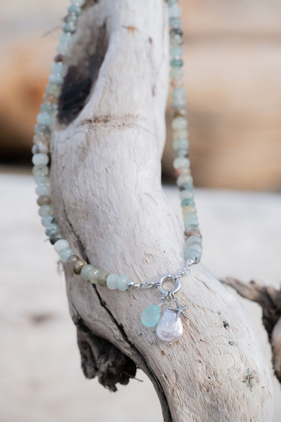 Natural Jade Beaded Statement Necklace, Aqua Chalcedony, Pearl, & Sterling Starfish Charms