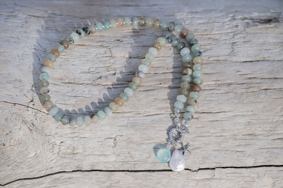 Natural Jade Beaded Statement Necklace, Aqua Chalcedony, Pearl, & Sterling Starfish Charms