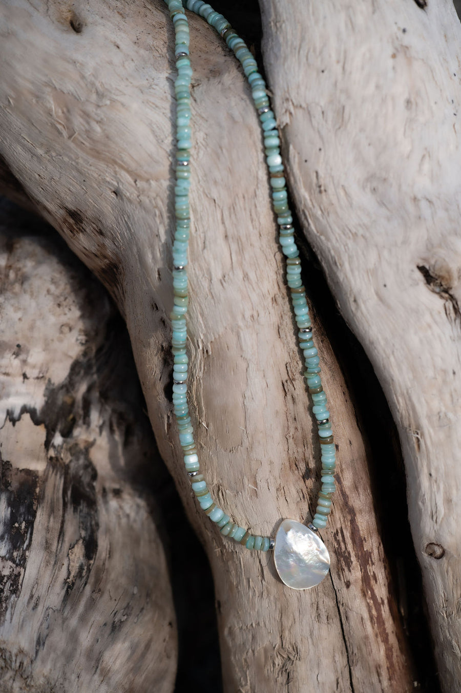 Boho Seashell Necklace ~ Aqua & Mother of Pearl