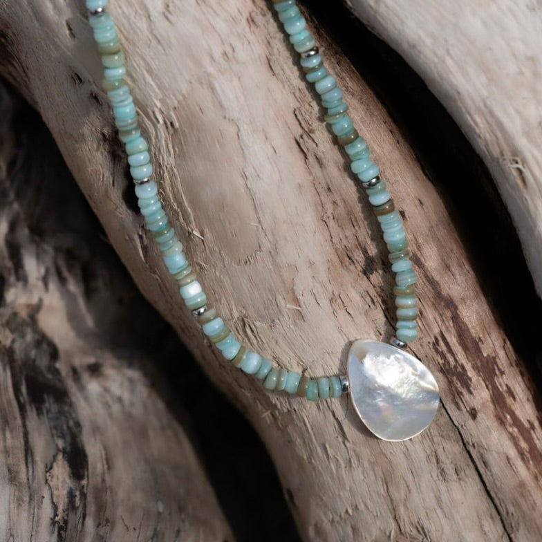 Boho Seashell Necklace ~ Aqua & Mother of Pearl