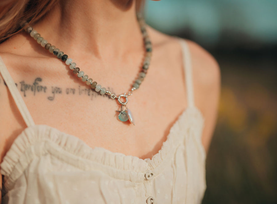 Natural Jade Beaded Statement Necklace, Aqua Chalcedony, Pearl, & Sterling Starfish Charms