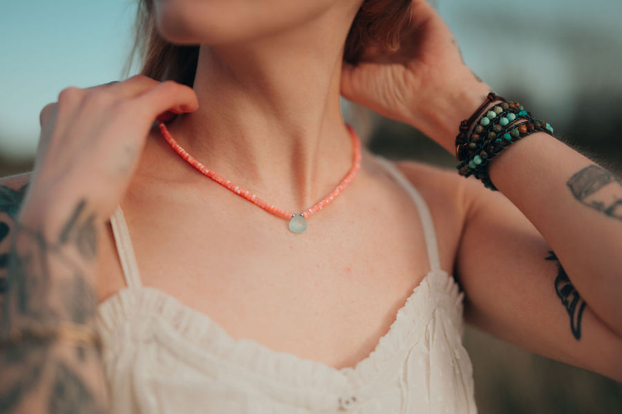 Coral Mother of Pearl Beaded Necklace With Chalcedony Gemstone