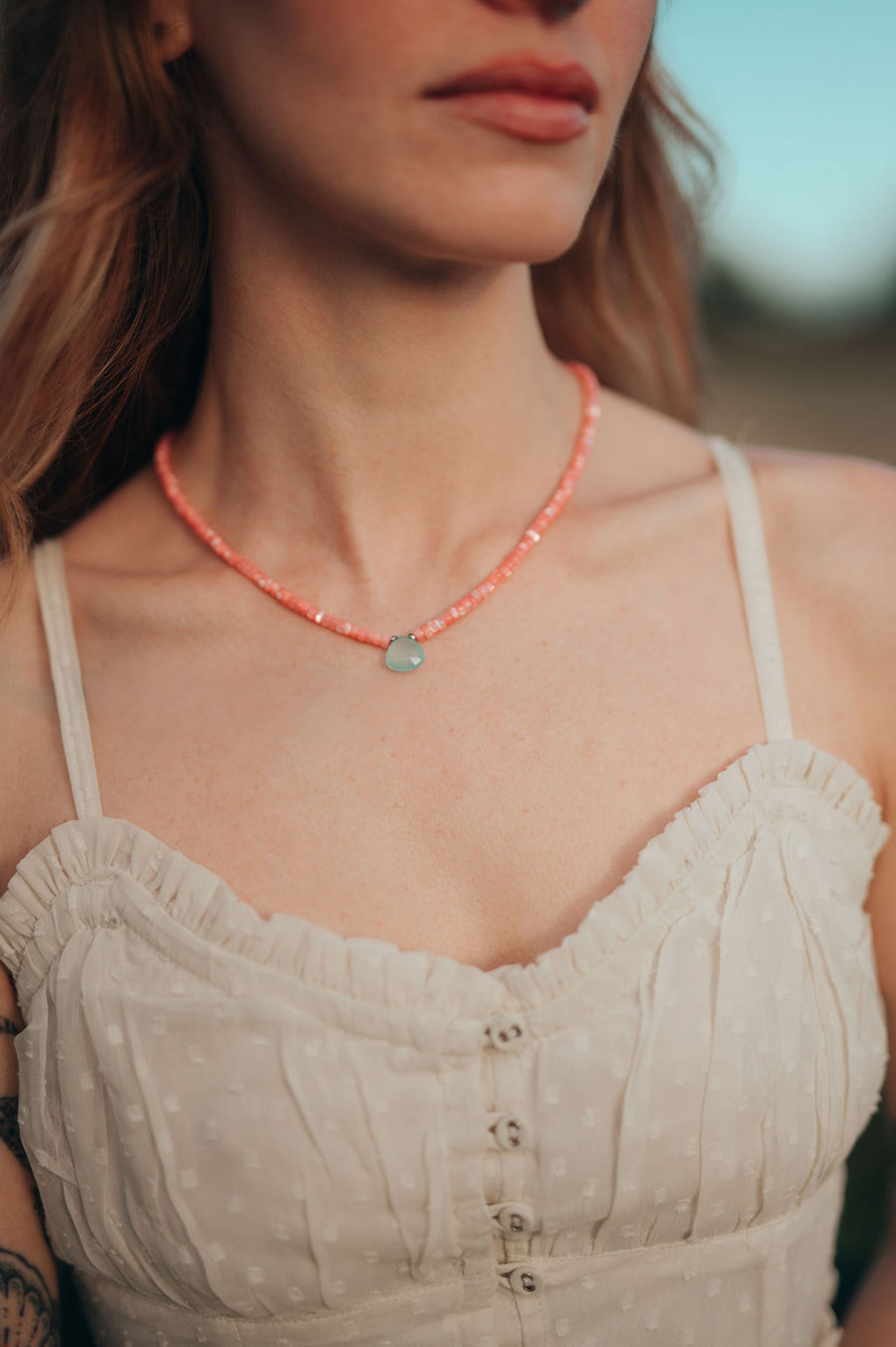 Coral Mother of Pearl Beaded Necklace With Chalcedony Gemstone