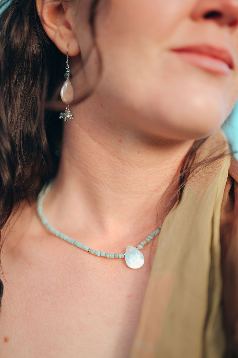 Boho Seashell Necklace ~ Aqua & Mother of Pearl