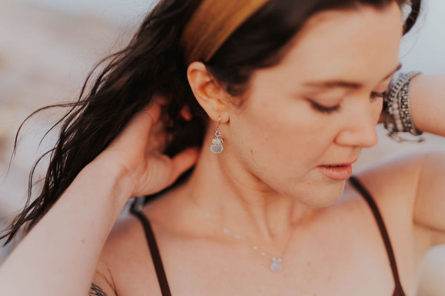 Aqua Chalcedony Gemstone & Crystal Fringe Earrings