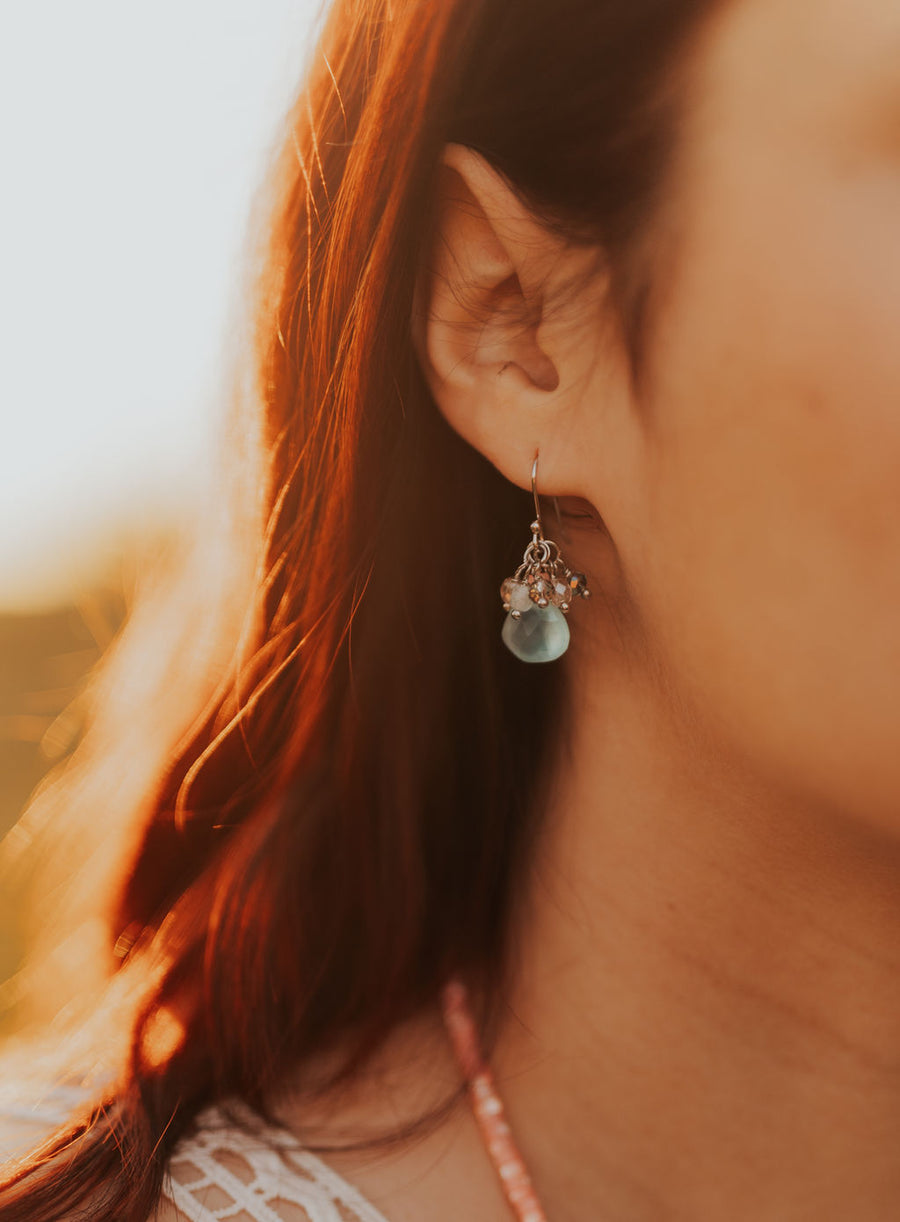 Aqua Chalcedony Gemstone & Crystal Fringe Earrings
