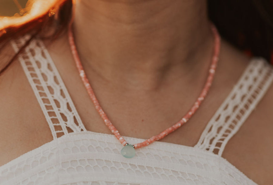 Coral Mother of Pearl Beaded Necklace With Chalcedony Gemstone