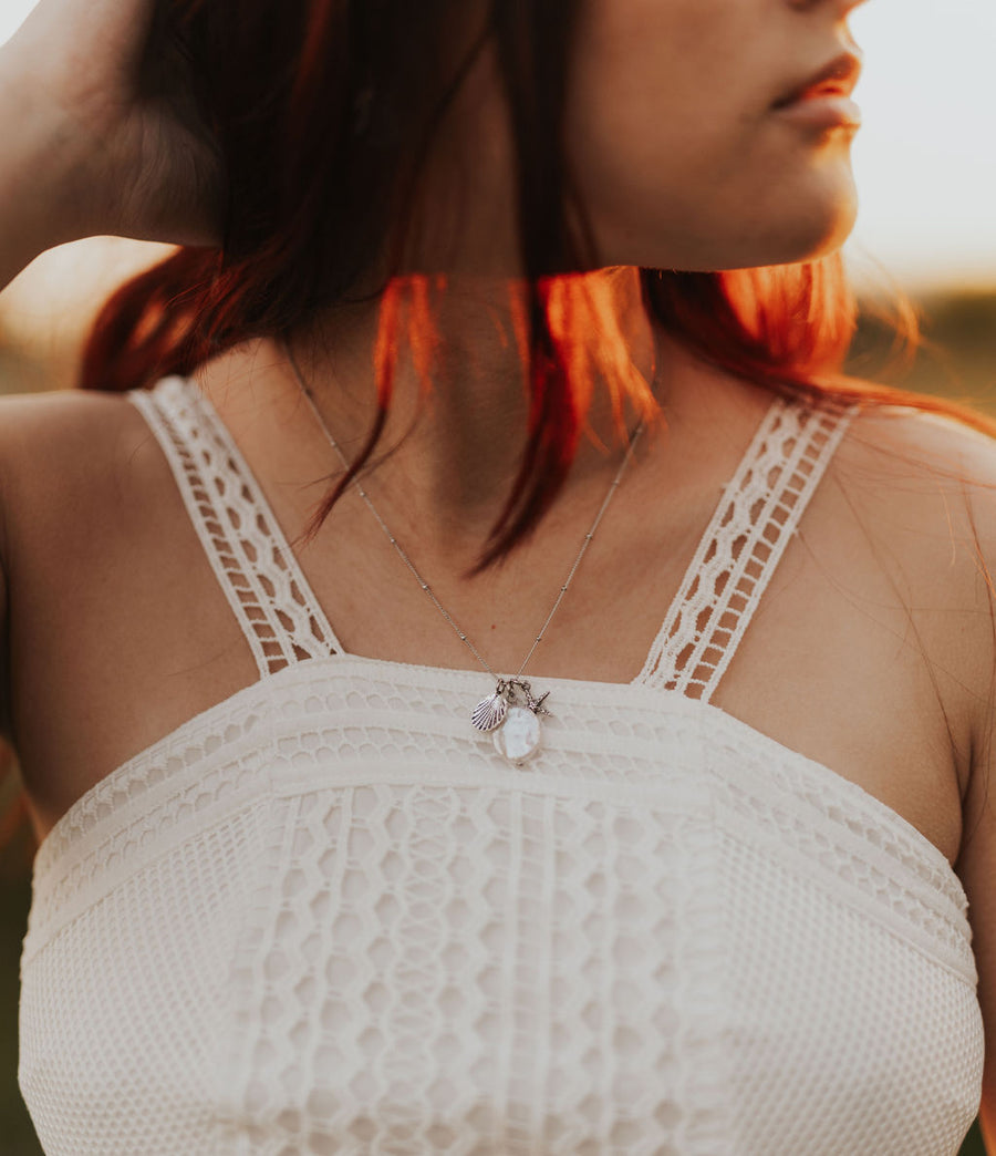 Sterling Silver Beach Charms Necklace ~ Starfish, Seashell, and Pearl