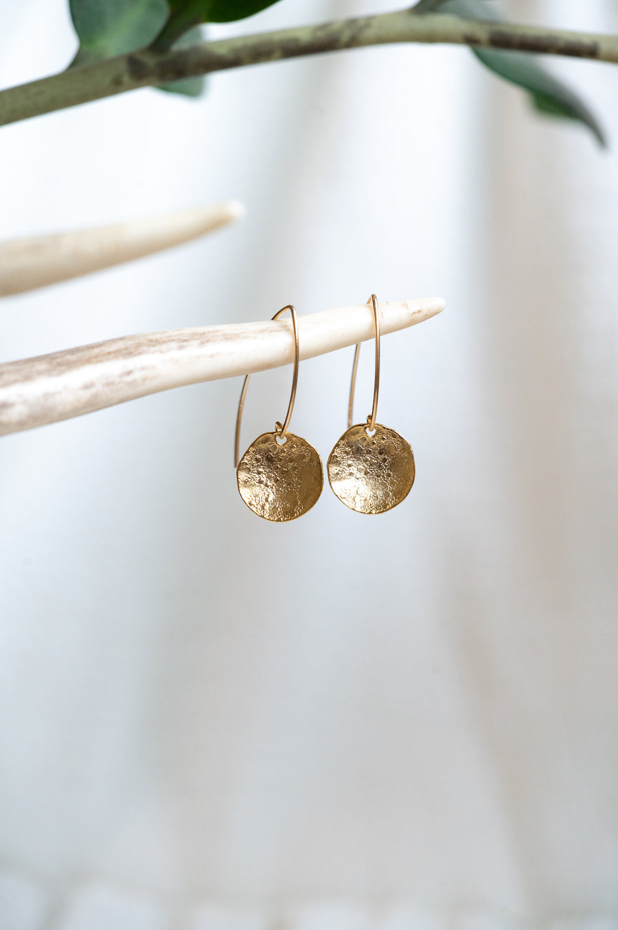 Gold Hammered Disc Drop Earrings