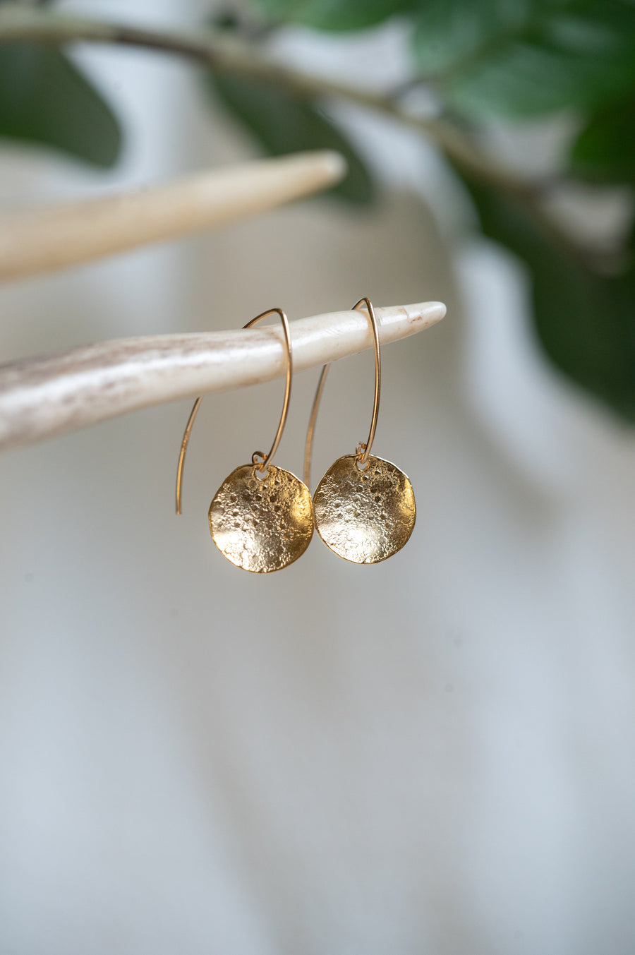 Gold Hammered Disc Drop Earrings