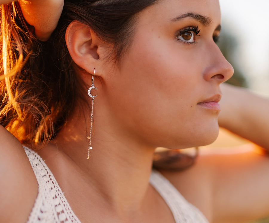 Sparkly Silver Moon & Falling Stars Earrings