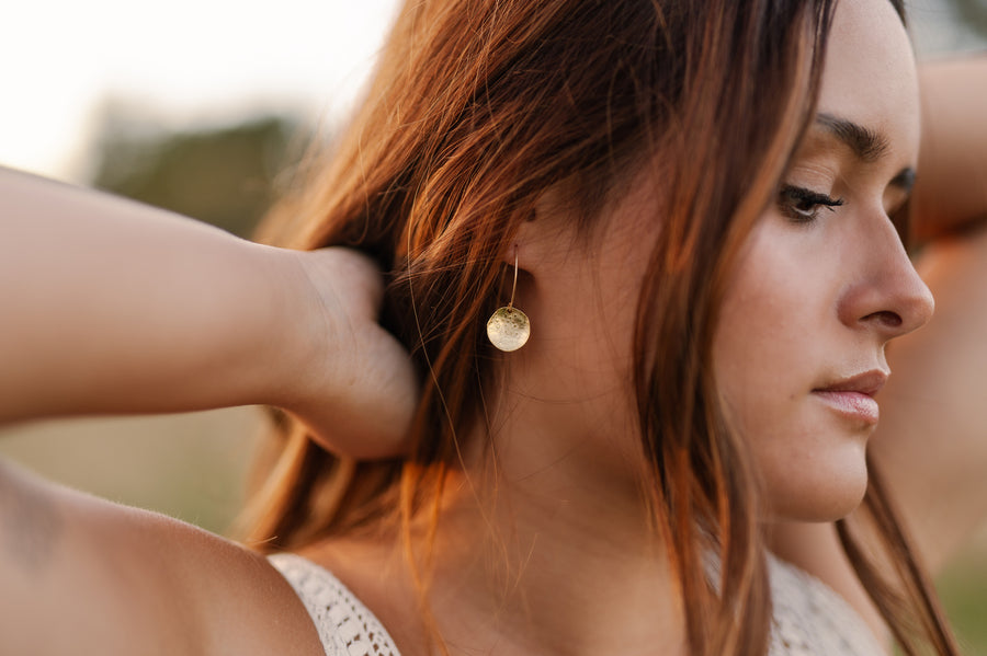 Gold Hammered Disc Drop Earrings