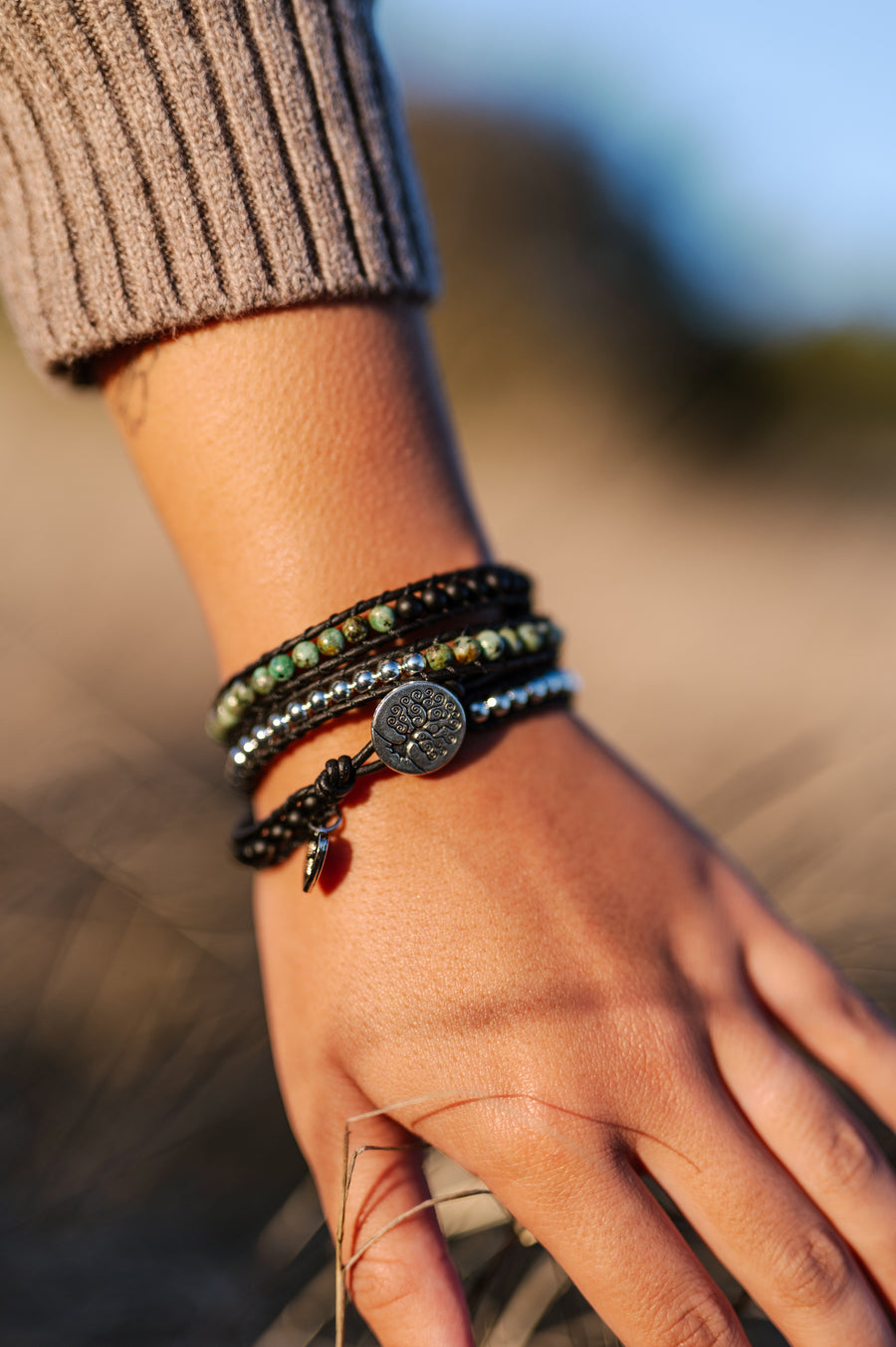 Black Onyx, African Turquoise, & Silver Hematite Wrap Bracelet