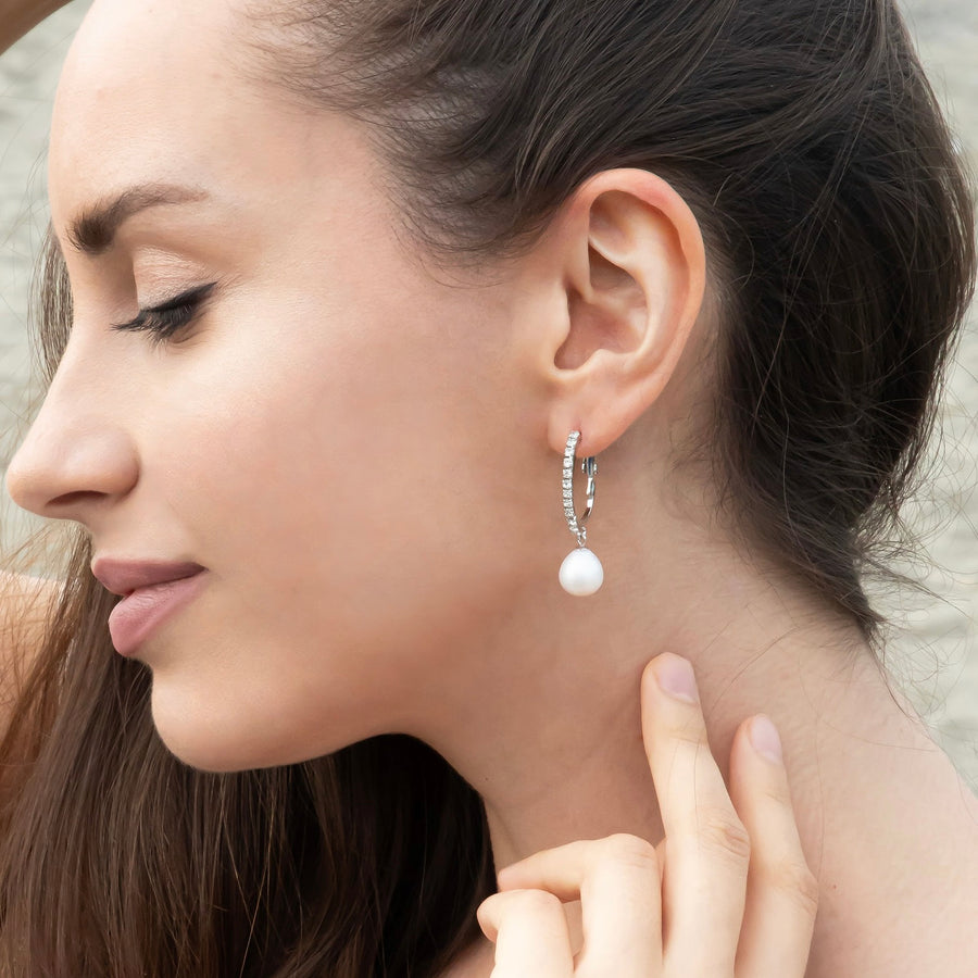 Genuine Silver Pearl Drop Sparkly Hoop Earrings ~ High Quality Pearls & Cubic Zirconia