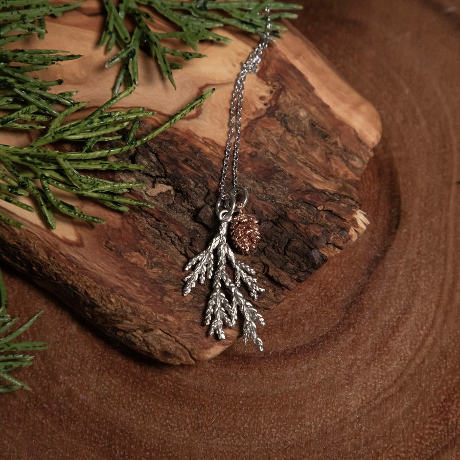 Cedar Branch and Pinecone Silver Woodland Necklace