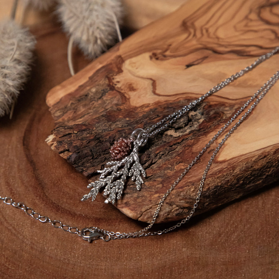 Cedar Branch and Pinecone Silver Woodland Necklace