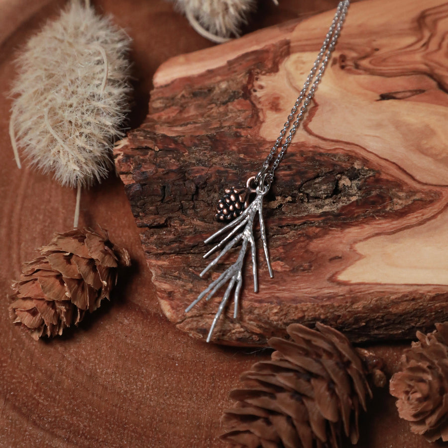 Pine Branch Twig and Pinecone Necklace