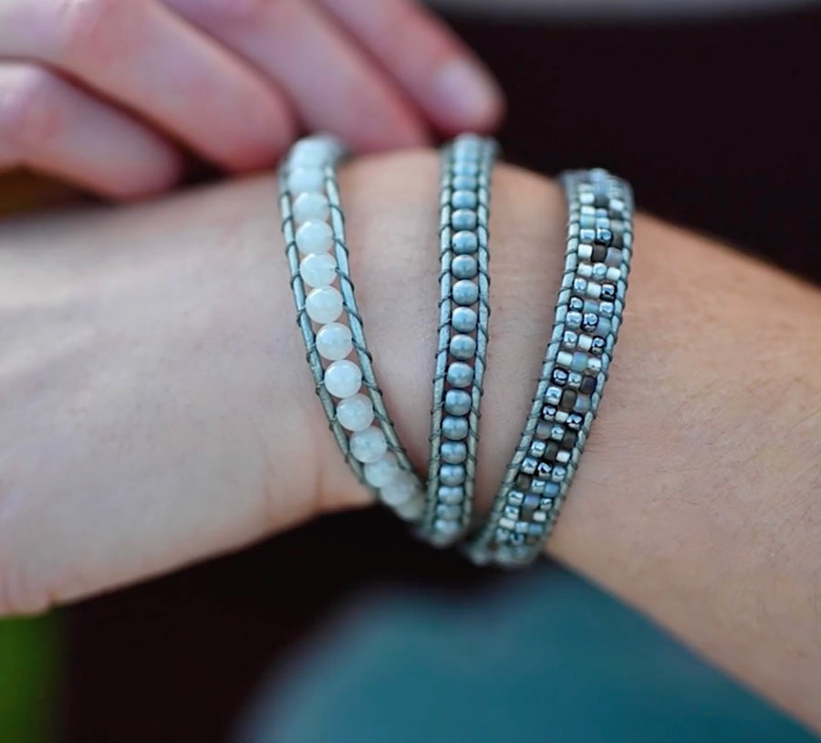 Moonstone, Hematite, & Seed Bead Wrap Bracelet