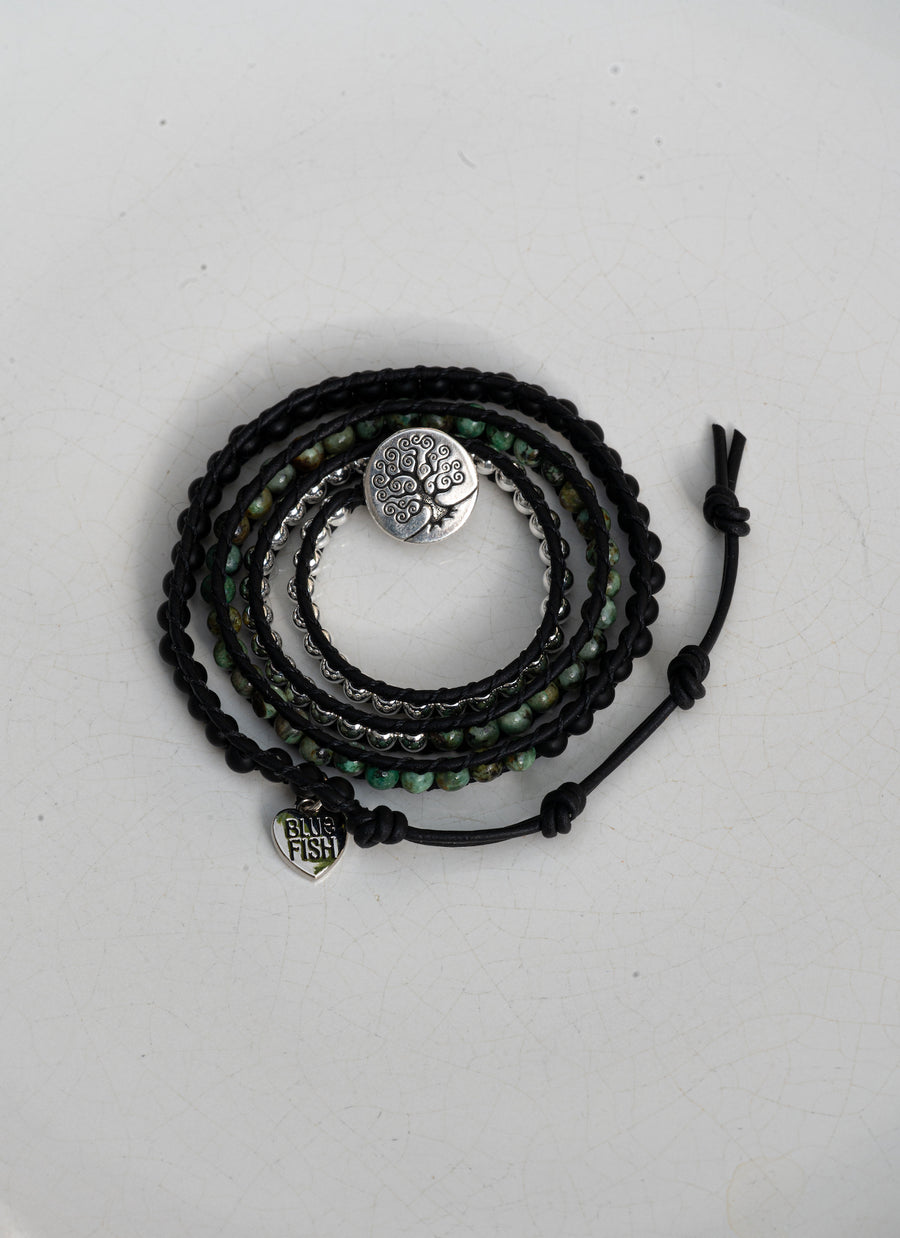 Black Onyx, African Turquoise, & Silver Hematite Wrap Bracelet