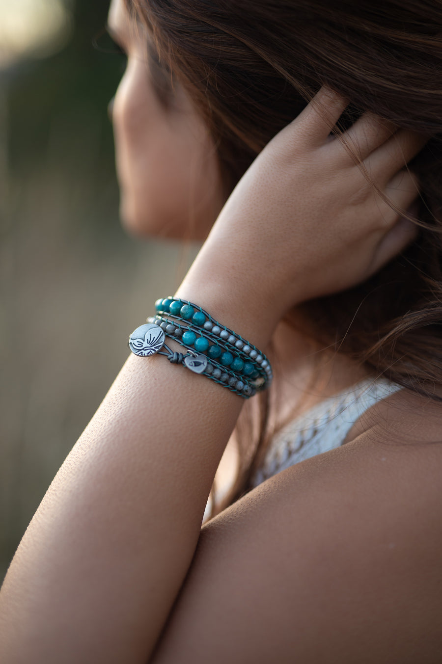 Genuine Blue Apatite, Larvikite Labradorite, and Matte Silver Hematite Wrap Bracelet