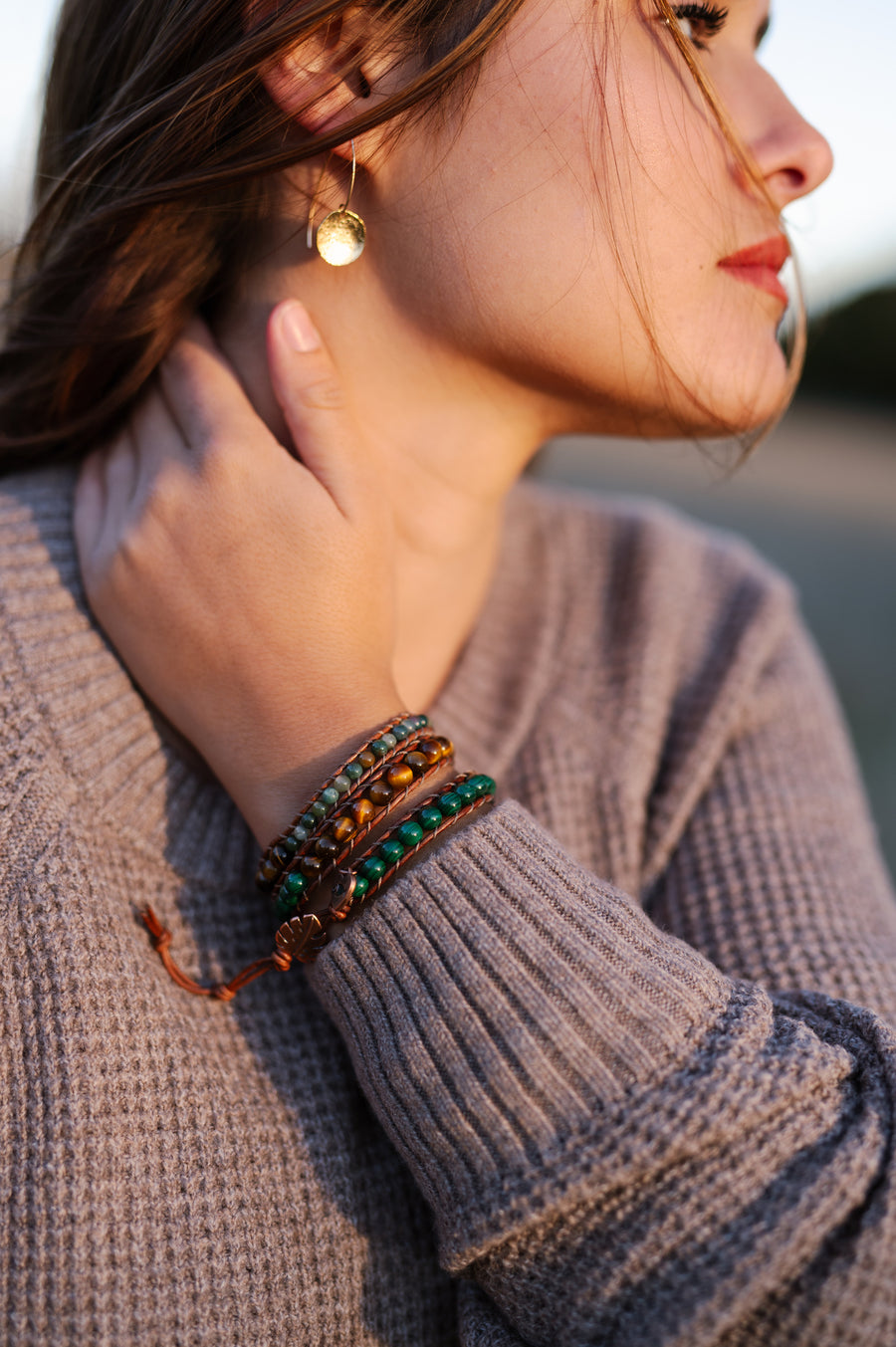 Genuine Malachite, Fancy Jasper, & Tiger Eye Wrap Bracelet