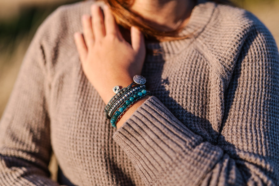 Genuine Blue Apatite, Larvikite Labradorite, and Matte Silver Hematite Wrap Bracelet