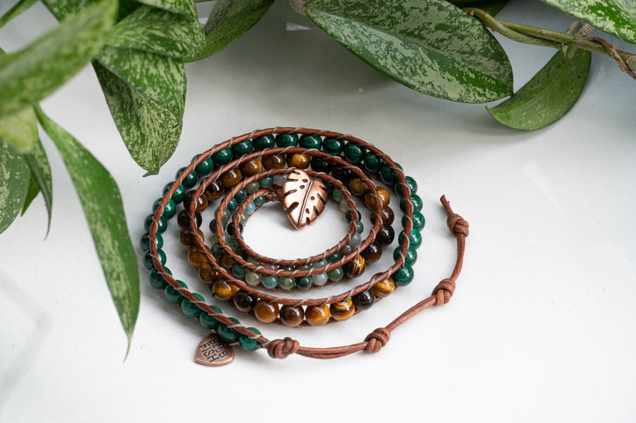 Genuine Malachite, Fancy Jasper, & Tiger Eye Wrap Bracelet